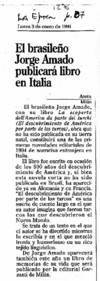 El brasileño Jorge Amado publicará libro en Italia.