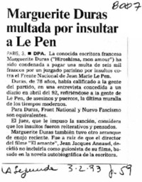 Marguerite Duras multada por insultar a Le Pen.