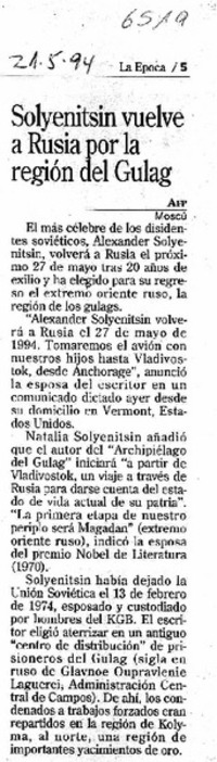 Solyenitsin vuelve a Rusia por la región del Gulag
