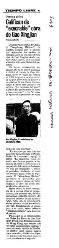 Califican de "execrable" obra de Gao Xiangjian