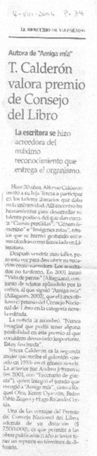 T. Calderón valora premio de Consejo de Libro