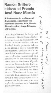 Ramón Griffero obtuvo el Premio José Nuez Martín