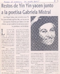 Restos de Yin Yin yacen junto a la poetisa Gabriela Mistral