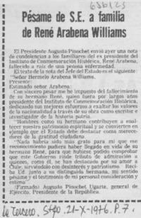 Pésame de S. E. a familia de René Arabena Williams.