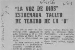 La voz de Dios estrenará taller de teatro de la "U"  [artículo]