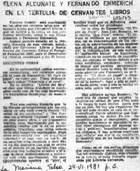 Elena Aldunate y Fernando Emmerich en la tertulia de Cervantes libros.  [artículo]