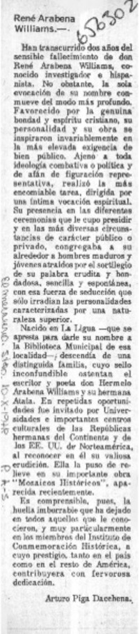 René Arabena Williams  [artículo] Arturo Piga Dacchena.