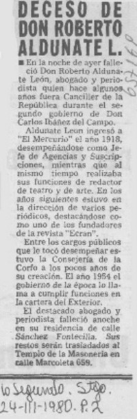 Deceso de don Roberto Aldunate L.