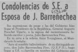 Condolencias de S. E. a esposa de J. Barrenechea.  [artículo]