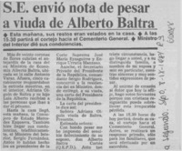 S.E. envió nota de pesar a viuda de Alberto Baltra.  [artículo]