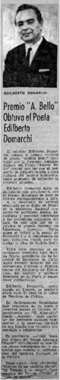 Premio "A. Bello" obtuvo el poeta Edilberto Domarchi.