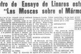 Teatro de ensayo de Linares estrena hoy "Las moscas sobre el mármol".