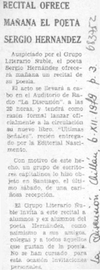Recital ofrece mañana el poeta Sergio Hernández.