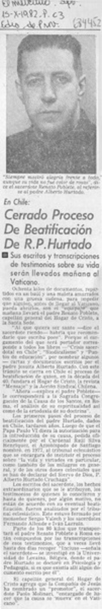 Cerrado proceso de beatificación de R. P. Hurtado.