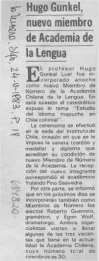 Hugo Gunkel, nuevo miembro de Academía de la Lengua.
