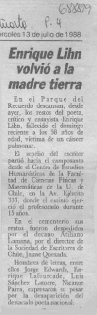 Enrique Lihn volvió a la madre tierra.