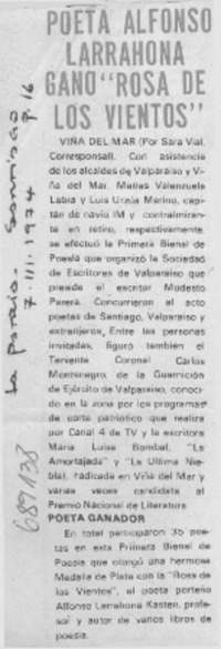 Poeta Alfonso Larrahona ganó "Rosa de los vientos"