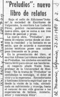 "Preludios" : nuevo libro de relatos.