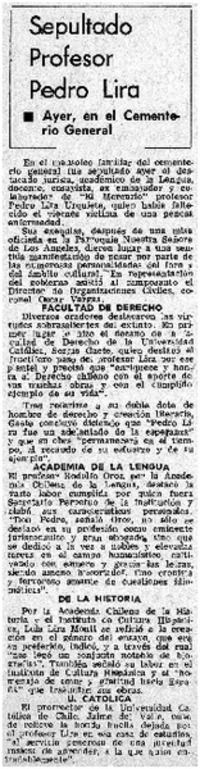 Sepultado profesor Pedro Lira.