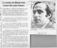 Ex ministro de Allende viene a lanzar libro sobre Dawson  [artículo].
