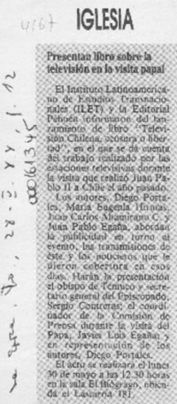 Presentan libro sobre la televisión en la visita papal  [artículo].