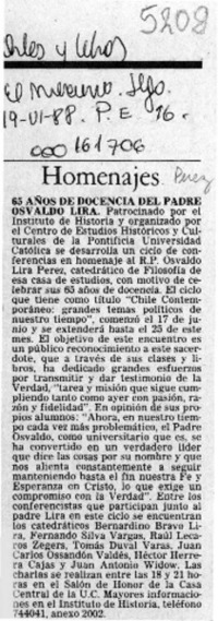 65 años de docencia del padre Osvaldo Lira  [artículo]