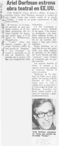 Ariel Dorfman estrena obra teatral en EE.UU.  [artículo].