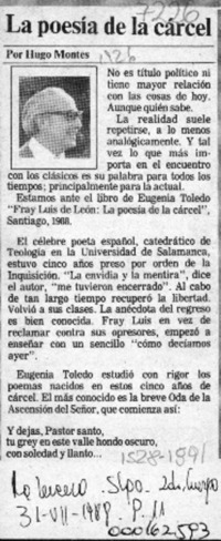 La poesía de la cárcel  [artículo] Hugo Montes.