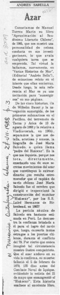 Azar  [artículo] Andrés Sabella.