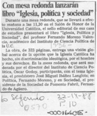 Con mesa redonda lanzarán libro "Iglesia, política y sociedad"  [artículo].