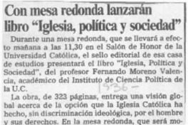 Con mesa redonda lanzarán libro "Iglesia, política y sociedad"  [artículo].