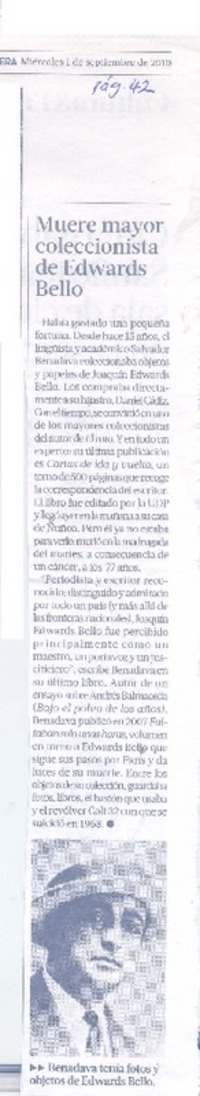 Muere mayor coleccionista de Edwards Bello