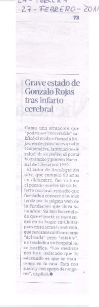 Grave estado de Gonzalo Rojas tras infarto cerebral