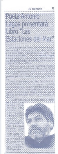 Poeta Antonio Lagos presentará libro "Las estaciones del mar"