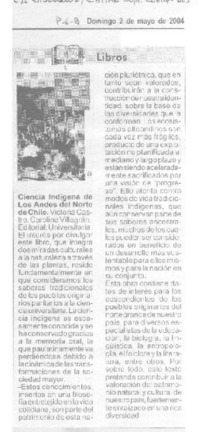 Ciencia indígena de Los Andes del Norte de Chile.  [artículo]
