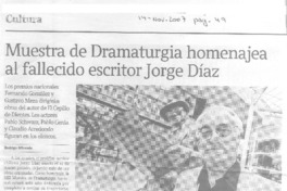 Muestra de dramaturgia homenajea al fallecido escritor Jorge Díaz  [artículo] Rodrigo Miranda.