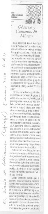 Observo y comento: el minero  [artículo] Julio Ferghman Campos.