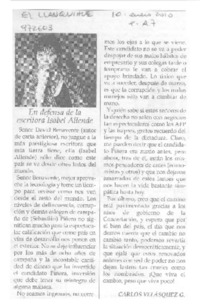 En defensa de la escritora Isabel allende  [artículo] Carlos Velásquez G.