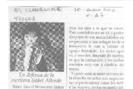 En defensa de la escritora Isabel allende  [artículo] Carlos Velásquez G.