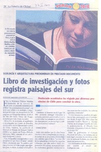 Libro de investigación y fotos registra paisajes del sur  [artículo] Rodolfo Hlousek Astudillo.