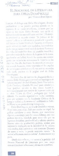 El Nacional de Literatura para Delia Domínguez  [artículo] Viviana Benz Elgueta.