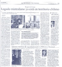Legado mistraliano ya está en territorio chileno  [artículo] Antonieta Cádiz.