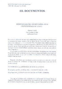 Bienvenido Nicanor Parra a la Universidad de Chile  [artículo] Manuel Jofré.