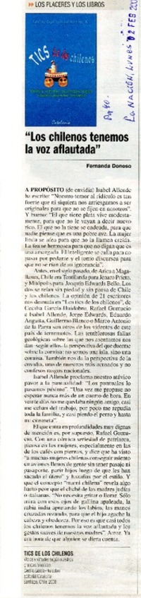 "Los chilenos tenemos la voz aflautada"  [artículo] Fernanda Donoso.