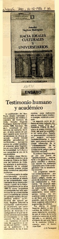 Testimonio humano y académico  [artículo] J. A. Parraguez.