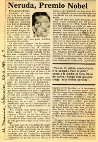 Neruda, Premio Nobel  [artículo] Lautaro Robles.