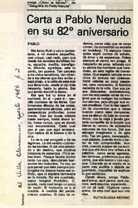 Carta a Pablo Neruda en su 82 aniversario  [artículo] Ruth Eliana Merino.