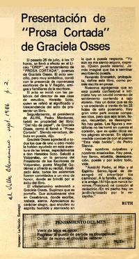 Presentación de "Prosa cortada" de Graciela Osses  [artículo] Ruth.