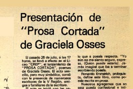 Presentación de "Prosa cortada" de Graciela Osses  [artículo] Ruth.