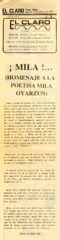 Mila! (Homenaje a la poetisa Mila Oyarzún)  [artículo] Jenaro Gajardo Vera.